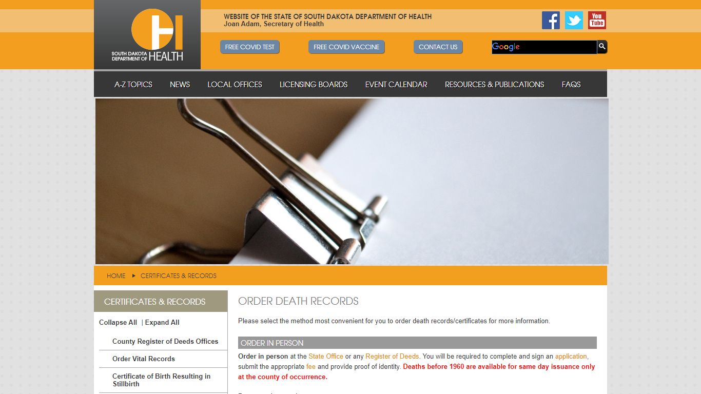 Order Death Records - SD Dept. of Health - South Dakota