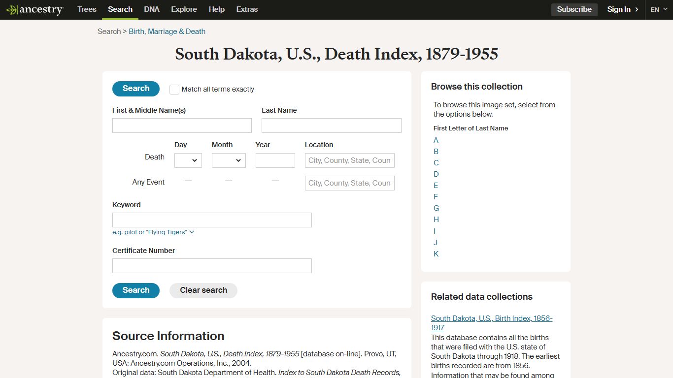 South Dakota, U.S., Death Index, 1879-1955